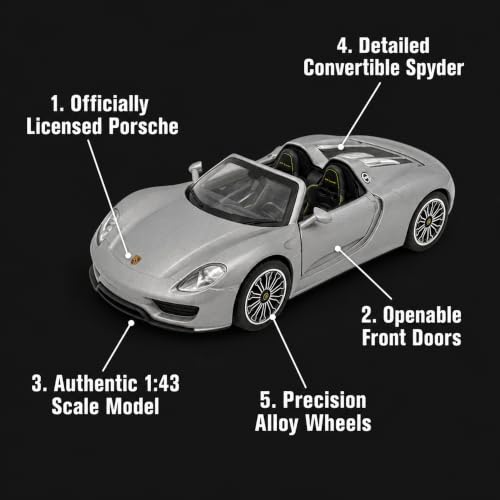 Image of Wizplex MSZ Porsche 918 Spyder 1:43 Scale Officially Licensed Die Cast Metal Car - Pull Back Open-Top Hypercar with Openable Front Doors, Collectible Showpiece for Kids 6+ & Car Enthusiasts