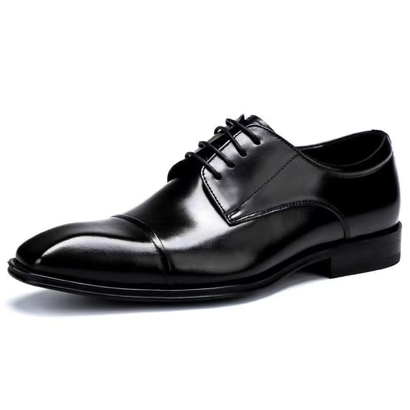 HOOENG Dress Oxford Shoes for Men Lace Up Square Burnished Toe PU Leather Cap Toe Derby Shoes Rubber Sole Slip Resistant Block Heel Prom(Color:Black,Size:7.5)