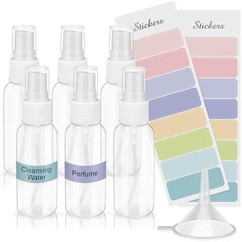 Super More 6 Pcs 50ml Mini Spray Bottles Plastic, Paired with funnel stickers，Pump Spray Cap Refillable Reusable Empty Atomizer Spray Bottles Travel,Suitable for Liquid (professional 1.69oz) Cover