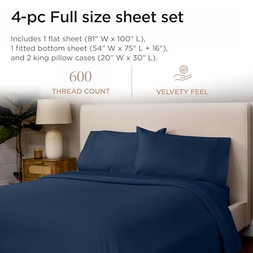 Image of Threadmill 100% Cotton Sheets for Full Size Bed - 600 Thread Count Full Bed Sheets Set with 16 inch Deep Pocket - Sateen Weave 4-Piece Bedding Set with Cooling Effect, Folkstone Blue