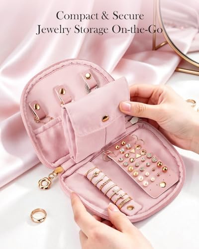 FINTIE Travel Jewelry Case, Small Velvet Jewelry Bag with Zipper, Anti-Scratch & Portable Organizer Pouch for Rings, Earrings, Necklaces, Watches and Bracelets, Gift for Women Girl (Apricot Pink) — view 6