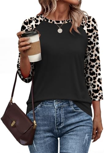 3/4 Length Sleeve Womens Tops Dressy Casual Baseball Shirt Women Spring Summer Outfits Cheetah Print Top Fashion Clothing Tees Women's T-Shirts Blouses Leopard L