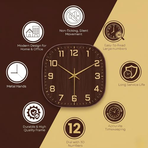 Image of STAR WORK 12 inch Inch Square Silent Non-Ticking Quartz Movement Wall Clock with Analog & Digital Display | Easy-to-Read Numbers | Modern Design for Living Room, Bedroom or Office (Walnut - Gold)