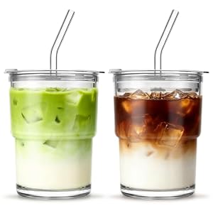 INSETLAN 380ml Glatt Glasbecher mit Deckel und Strohhalm,2 Stück Luftdicht Wasserdicht Design Matcha Gläser, Trinkbecher mit Deckel und Strohhalm Travel Mug, Eiskaffee Becher