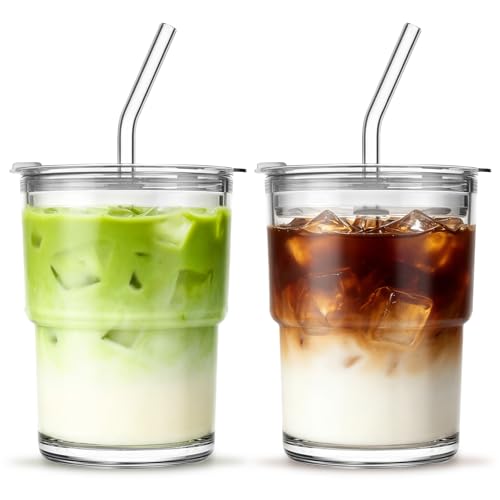 INSETLAN Clear Glass Cup with Lids and Straws 2 Pack Ice Coffee Cup Glass Tumbler with Lid and Straw for Smoothie Latte Iced Coffee Matcha and More Elegant & Durable