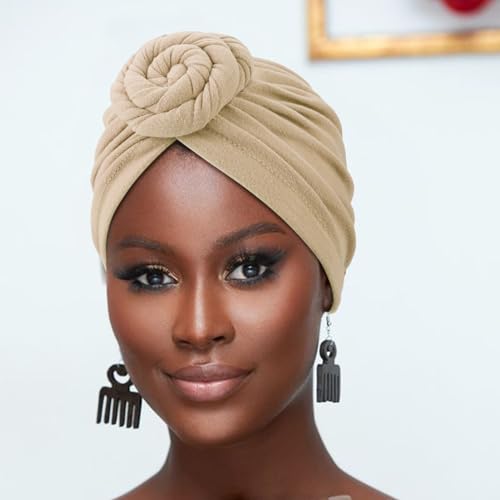 Image of DRESHOW 5 Pack Knotted Headwraps for Women African Turban Pre-Knotted Beanie Headwraps Hair Covers