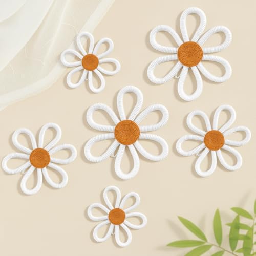 Vidroxin 6 Pcs Boho Nursery Decor,Woven Macrame Daisy Flower Wall
