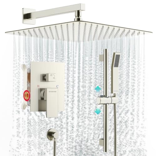 Image of SR SUN RISE 12 Inch Square Shower System with Slide Bar,Brushed Nickel