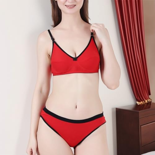 Image of Cotton Solid Non-Padded Bra & Panty Lingerie Set Innerwear Mid Rise Undergarments for Women S-3XL