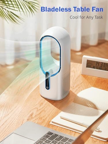 Misby Desk Fan, 11.8 Inch Portable Bladeless Table Fan, 3 Adjustable Speeds, Small Office Rechargeable Fan, Touch Control, Easy to Clean, Quiet Bladeless Fan for Bedroom, Home (White) - 3