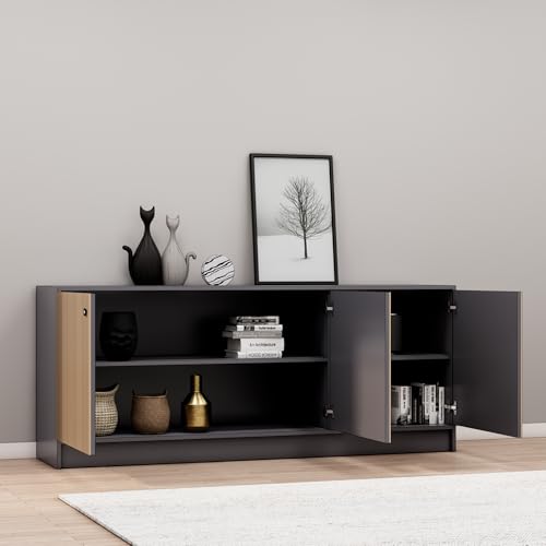 Image of Bniture Luxe Storage Cabinet for Living Room | Wooden Sideboard Cabinet with 3 Door & 3D Textured | Multipurpose Storage Cabinet Organizer for Home Hallway, Bedroom & Kitchen | Grey & Giant Wood