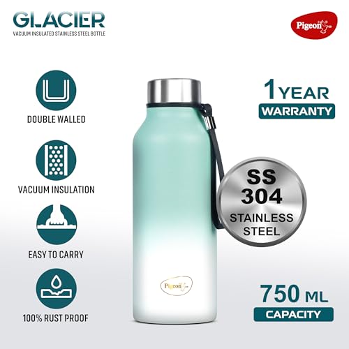 Image of Pigeon by Stovekraft Glacier 750 ml Vacuum Wide Mouth Bottle, Hot & Cold Retention & Leak Proof (Teal Blue)