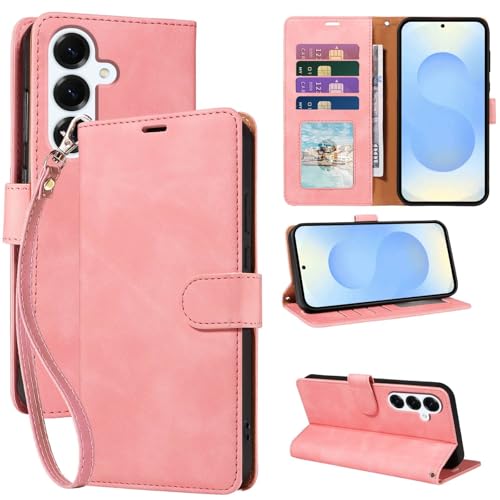 JHWVVTF S24/25 Case Wallet, [RFID Blocking 4 Card Slots] [Kickstand] [Wrist Strap] [Magnetic Closure] Soft PU Leather Shockproof Protective Flip Cover for Galaxy S25 Case (Pink) by JHWVVTF - Used condition - US$6.41