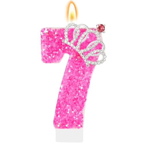 IDIJOLI Hot Pink Birthday Candle Crown Number 7 Candle 7th Birthday Cake Topper Cupcake Decor Princess Themed Party Decorations for Girls and Women Anniversary Celebrations Supplies Favors