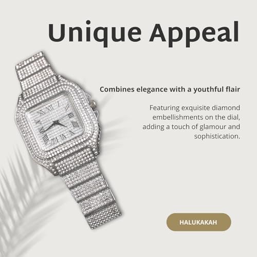 Halukakah 다이아몬드 시계 아이스 아웃 남아 청소년용 - 18K 리얼 골드/플래티넘 도금 - 40mm 스퀘어 다이얼 - 20.3cm(8인치) 길이 - 쿠바 링크 체인 옵션, 조절 도구 포함 - 골드포일 선물 상자 — 사진 5