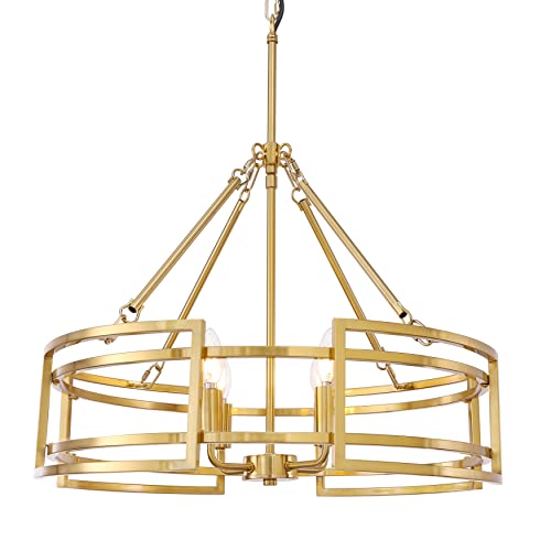Tochic Brushed Brass Chandelier, 4 Lights Modern Drum Chandelier Gold, Foyer Chandeliers Entryway High Ceiling, Contemporary Round Pendant Light Fixture For Dining Room, Living Room, Kitchen #TOP10