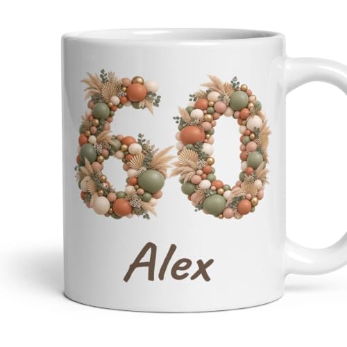 Image of 60th Birthday Balloon Number Mug, Personalised - Boho Sage & Terracotta