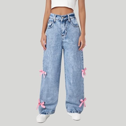 Teen Girl Clothes,Bow Jeans for Girls Cute Baggy Jeans Wide Leg Denim Pants High Waisted Trousers Kids Y2k Streetwear3