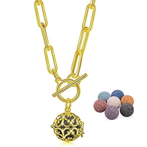 Infuseu Chunky 18K Gold Plated Paperclip Chain Necklace Toggle Clasp For Women Aromatherapy Essential Oil Diffuser Anxiety Jewelry, 7 Lava Rock Natural Stone #TOP20