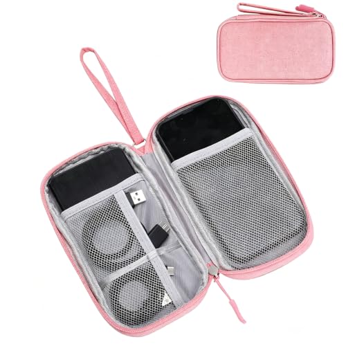 Mini Accessories Organizer Case Hard Shell Zipper Around Compact for Phone Chargers Earphones Cables Portable Drives, Double 1Layer Pink