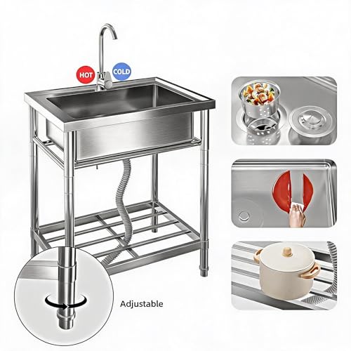 Garvee Stainless Steel Utility Sink, 28X20X34 in Single Bowl Free Standing Sink with Faucet, Cold & Hot Water Pipe, Storage Shelf and Drain Kit, for Kitchen, Bathroom, Laundry, Garage by Garvee - Used condition - Image 4
