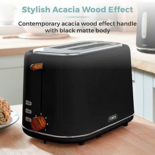 TOWER T20027BLK Scandi 2 Slice Toaster with Adjustable Browning Control, Centring Function, 800W, Black