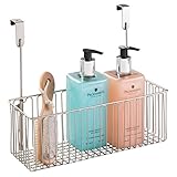 mDesign Metal Over Cabinet Bathroom Storage Organizer Holder or Basket - Hang Over Cabinet Doors - Holds Shampoo, Conditioner, Body Wash - Strong Steel Wire - Satin