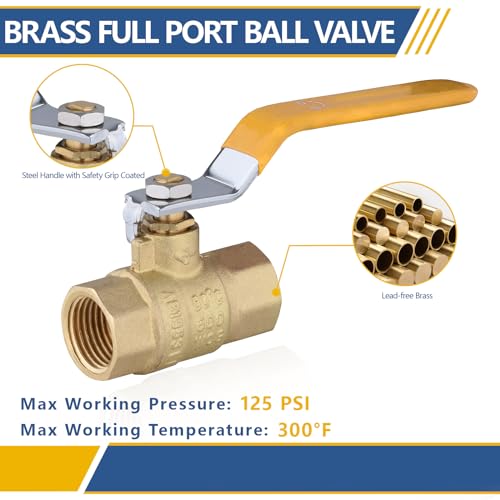 GUOFIS 1/2\" Heavy Duty Full Port Brass Ball Valve,600 WOG FNPT FIP Threaded Valve for Compressed Air, Water, Plumbing or Oil(2 Pack,Yellow Handle)