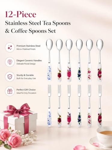 Image of Pack Stainless Steel Ceramic Handle Teaspoon Coffee Spoon Sugar Ice Cream Spoon cute kitchen accessories Stirring Soup Tableware