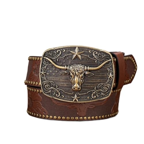 Ceinture tête de taureau bronze texturée 120 cm au style américain vintage