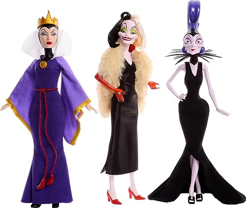 Mattel Disney Antagonistki Zła Królowa, Cruella de Mon i Yzma Lalki inspirowane filmami Disneya, prezenty dla dzieci i dorosłych kolekcjonerów, HRF56