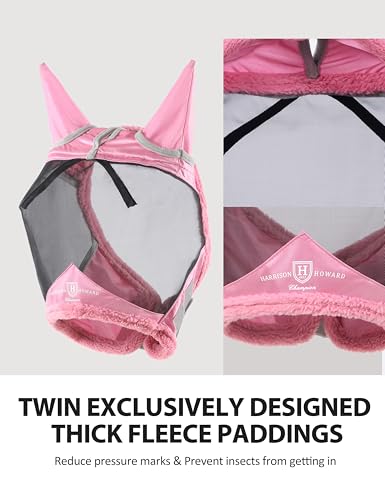 Harrison Howard Horse Fly Mask UV Protective Fine Mesh with Extra Wool Soft Touch on Skin Fly and UV Protection Light Pink L