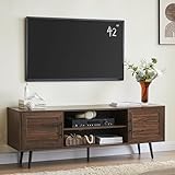 Mid Century Style Modern Walnut TV Stand for 65 inch tv, Wood Entertainment Center with Storage Cabinet and Open Shelf, TV Media Console Table for Living Room, Dark Brown