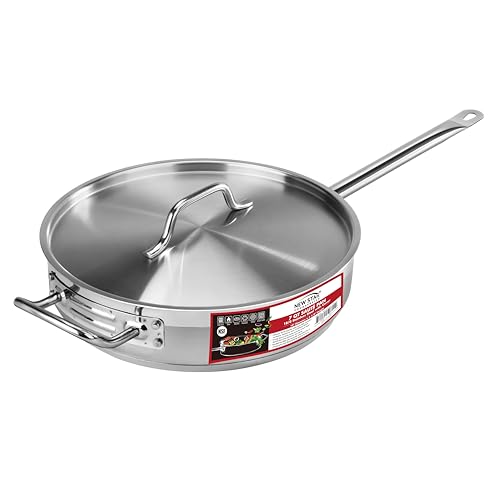 New Star Foodservice 7 Qt Stainless Steel Sauté Pan with Cover, 18/8 Stainless Steel, 3.5-Inch Depth