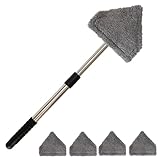 Conliwell Windshield Car Cleaning Tool, 13-16.7-inch Extendable Handle with 180-Degree Rotation and 4 Reusable Microfiber Cloth Heads, Suitable for Cleaning Car Windows Inside and Out (Black)
