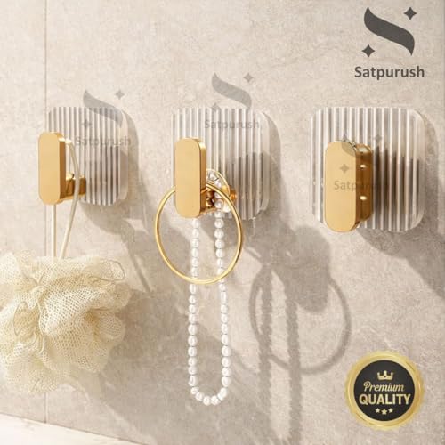 Image of Satpurush Luxury Acrylic Self Adhesive Wall Hooks | Heavy Duty Bathroom & Kitchen Hook | No Drill Waterproof Wall Hanger for Towels, Robes, Keys & Accessories (Gold, Pack of 8)