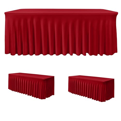 Image of HolidayIdeas 2 Pack Red Spandex Table Skirt for 8 Ft Rectangle Tables, Fitted Stretch Tablecloth 30 x 96 Inch, Wrinkle Resistant Ruffle Design for Valentine's Day, Monther's Day, Trade Shows, Parties