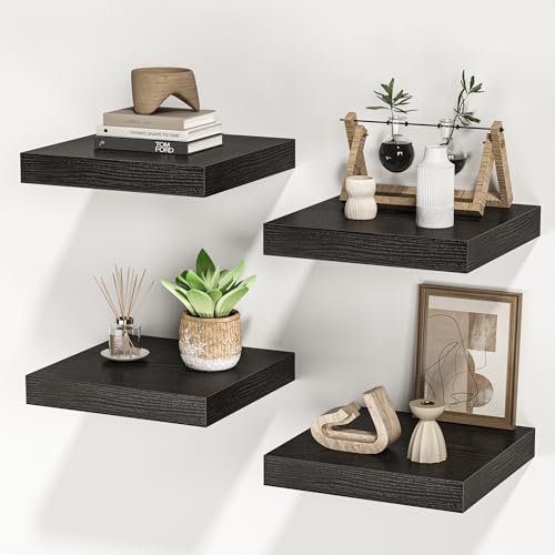 Square Floating Shelves for Wall, 10"W x 10"D x 1.4"H, Set of 4, Black