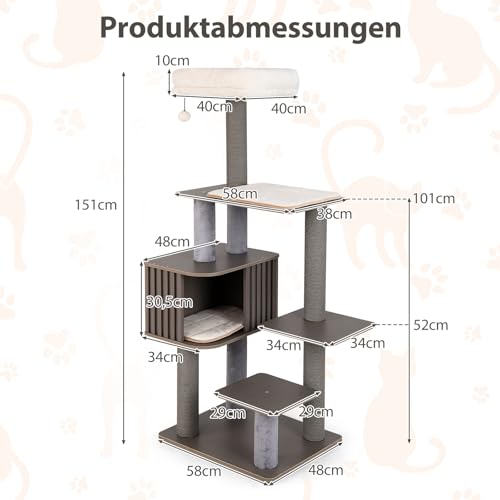 COSTWAY Kratzbaum groß, 151 cm, Katzenbaum mit Plattformen, Katzenhöhle, Kratzpfosten, Ball & abnehmbaren Matten, Katzenkratzbaum Katze, Katzenturm Kletterbaum, Grau-3
