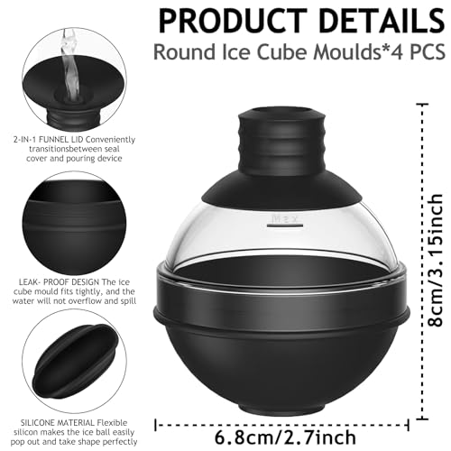 Silicone Ice Cube Moulds, 4 Pack Large Ice Ball Maker Mould with BPA Free Plastic Lid, Flexible Round Ice Cube Moulds Easy to Pop Out, Sphere Ice Trays for Freezer Whiskey, Gin, Cocktails(Black) - Image 3