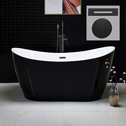 WOODBRIDGE 59" Acrylic Freestanding Bathtub Contemporary Soaking Black Tub with Matte Black Overflow and Drain，B1816-MB-Drain &O by WOODBRIDGE - Used condition