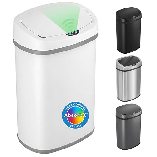iTouchless 13 Gallon Oval Motion Sensor Garbage Container with Odor Filter, 50L Touchless Stainless Steel Kitchen Bin, Smart Automatic Lid, Fingerprint-Proof, Soft-Close, Brilliant White
