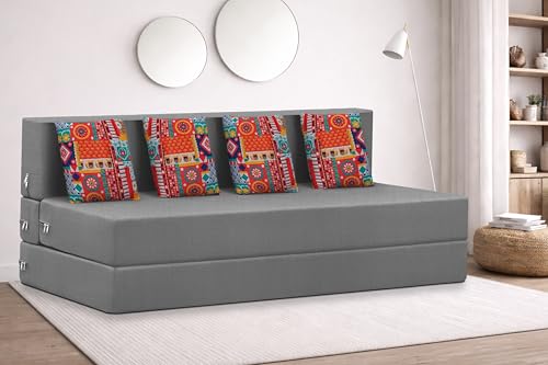 Image of Rosebell Four Seater Foldable Sofa Cum Bed (6x6 Feet) ? Jute Fabric, Washable Removable Cover, Includes Cushion | Space Saving Convertible Sofa Bed for Home, Office & Guests - Grey