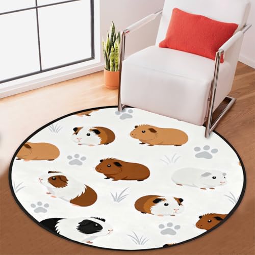 Tapis rond lavable 90 cm avec motif cochon d'Inde pour deco salon