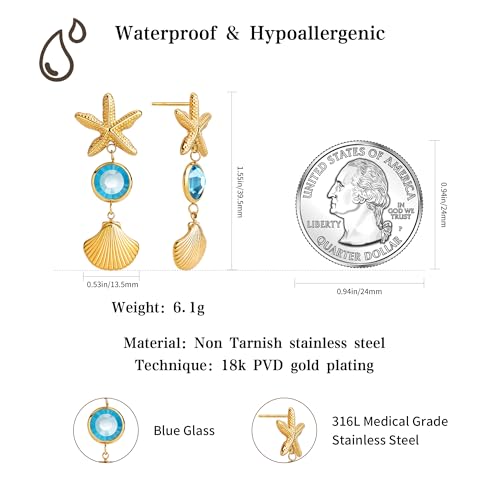 Gold Starfish Earrings 1.55" Summer Beach Jewelry Shell Drop with Blue Crystal, Stainless Steel Non-Tarnish Dangling Seashell Earrings for Women Coastal Accessories4