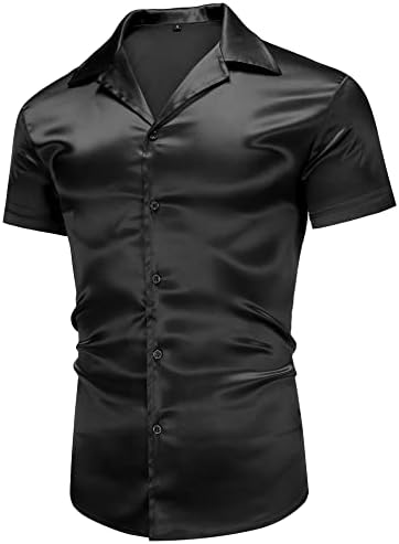URRU Men's Luxury Shiny Silk Like Satin Dress Shirt Cuban Collar Short  Sleeve Casual Slim Fit Muscle Button Up Shirts, Black, Small : Amazon.sg:  Fashion