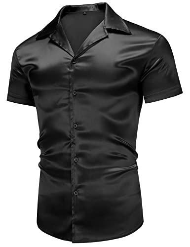 Urru Men's Luxury Shiny Silk Like Satin Dress Shirt Cuban Collar Short Sleeve Casual Slim Fit Muscle Button Up Shirts Black M #TOP4