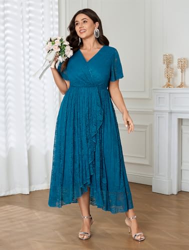 Image of SCOMCHIC Womens Plus Size Wedding Guest Dress Formal Lace Wrap V Neck High Low Short Sleeve Cocktail Maxi Dresses XL-4XL