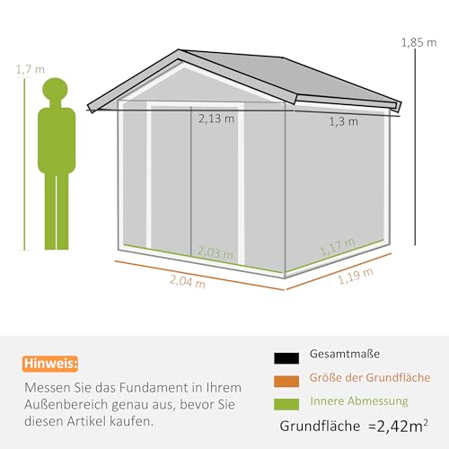 Outsunny Gerätehaus 2,5 m², Gartenhaus mit Satteldach, Schiebetür, Fundament, 213 x 130 x 185 cm, Geräteschuppen aus Verzinkter Stahl, wetterfest, für Garten, Grün