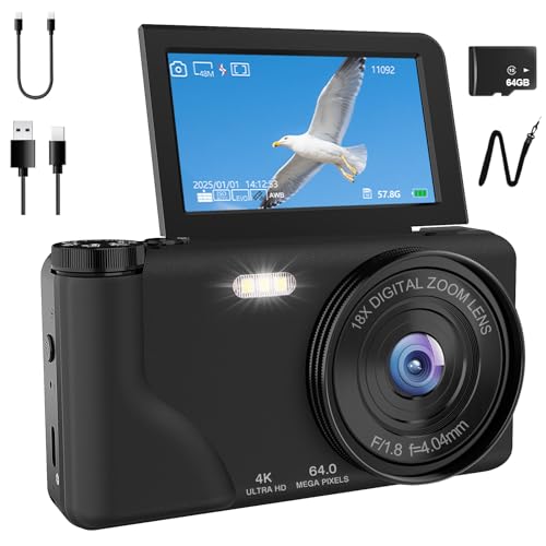 QZT デジタルカメラ 4K デジカメ 6400万画素 タイムプラス録画機能 TYPE-Cケーブルでスマホに送れる 3インチ大画面 180度回転可能ディスプレイ オートフォーカス 自撮り 18倍デジタルズーム スマホ連動 セルフタイマー ループ録画 LEDライト ウェブカメラ機能 軽量 修学旅行/子供カメラ/初心者/入学式 三脚穴付き 日本語取扱説明書付き 64gカード付属A65 (ブラック1)